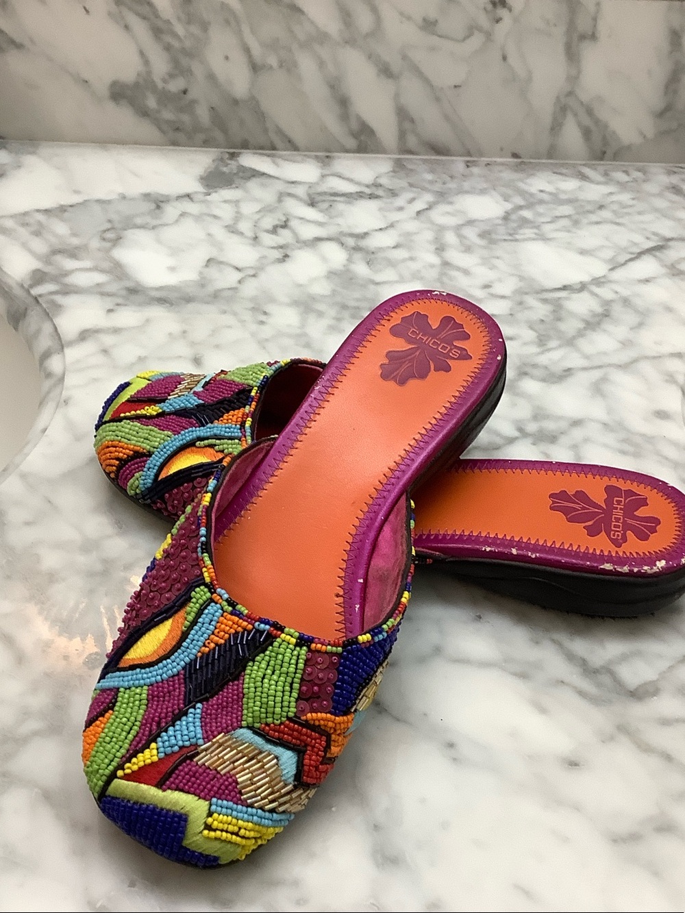 CHICO’S Boho Multicolor Beaded Slip-On Mules with Orange Footbed sz 9